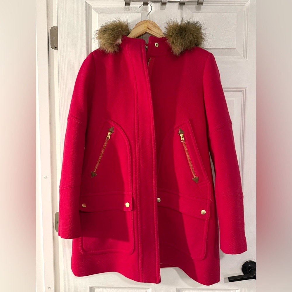 J. Crew Chateau Parka Pink Coat Stadium Cloth Wool Removable Faux Fur Collar - Picture 3 of 6